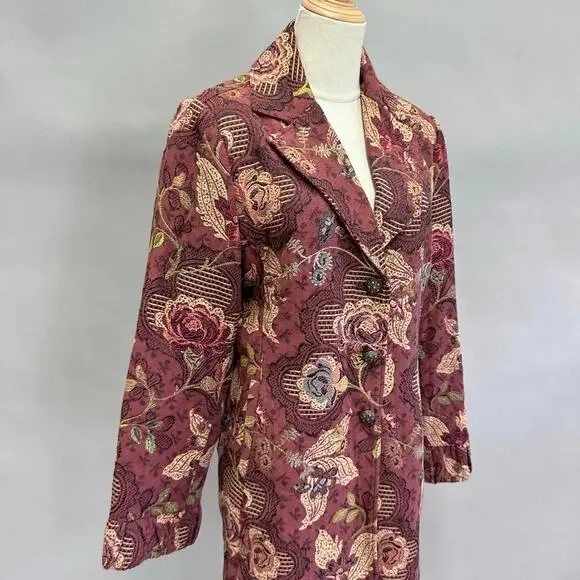 CAbi burgundy Jacobean burgundy floral jacquard tapestry long jacket Size 14